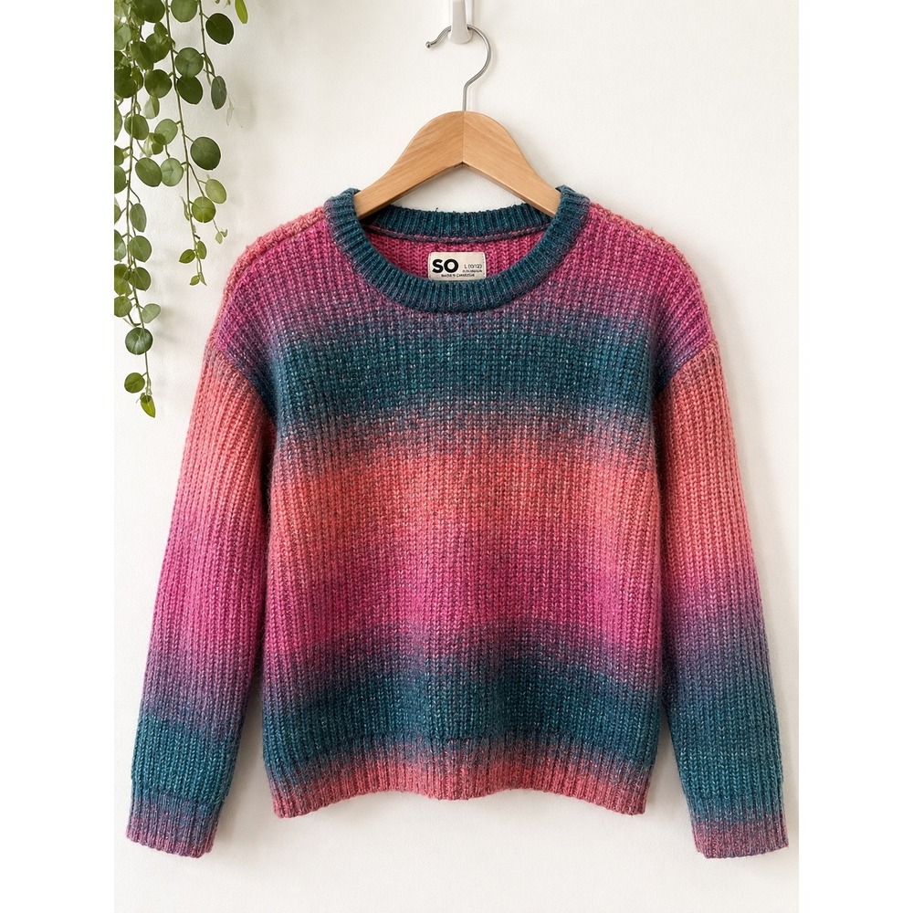 SO Girls Crewneck Sweater Pink Orange Blue Space Dye Ombre Knit Size L 10/12